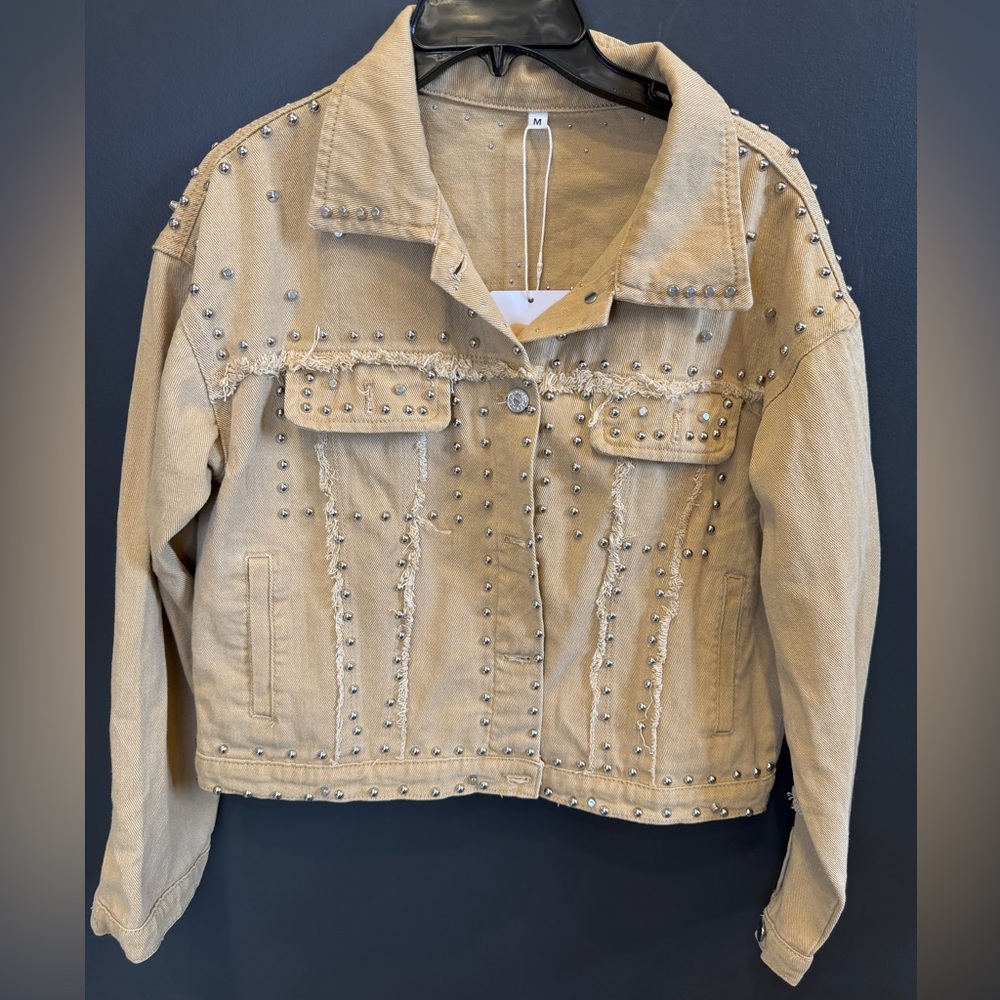 Studded Cropped‎ Denim Jacket | Tan | Size M | NWT